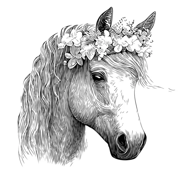 Cabeça Cavalo Com Flores Esboço Desenhado Mão Ilustração Estilo Doodle —  Vetores de Stock