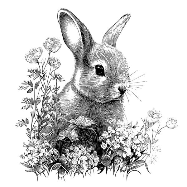 Conejos Sentados Flores Boceto Dibujado Mano Estilo Garabato Ilustración — Vector de stock