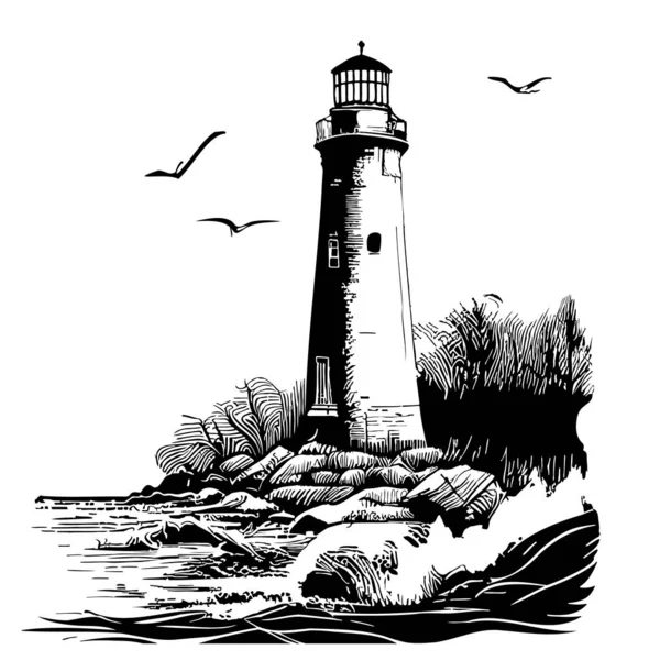 Leuchtturmskizze Handgezeichnet Doodle Stil Illustration — Stockvektor
