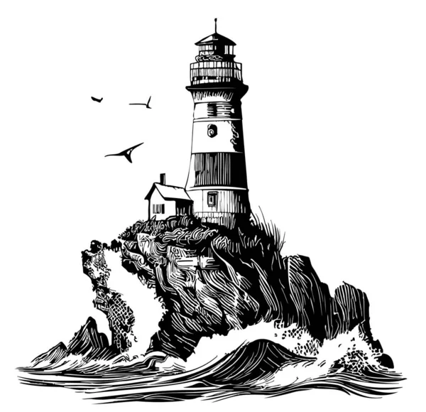 Leuchtturm Der Küste Skizze Handgezeichnet Doodle Stil Illustration — Stockvektor