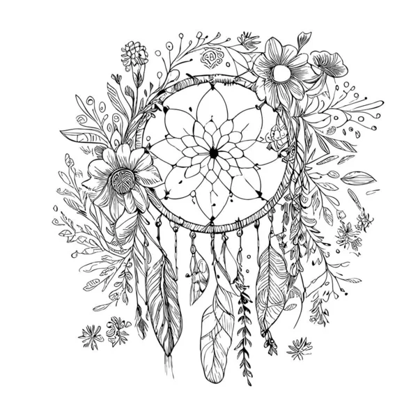 Attrape Rêves Dans Style Boho Avec Des Fleurs Croquis Illustration — Image vectorielle