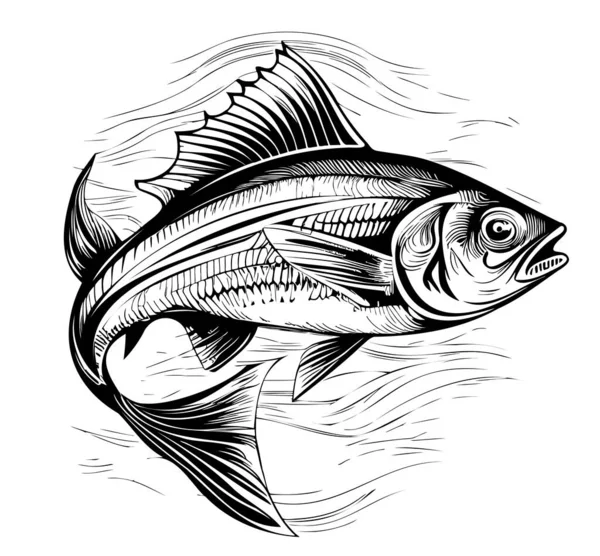 Peixe Nas Ondas Esboço Mão Desenhada Doodle Estilo Ilustração — Vetor de Stock