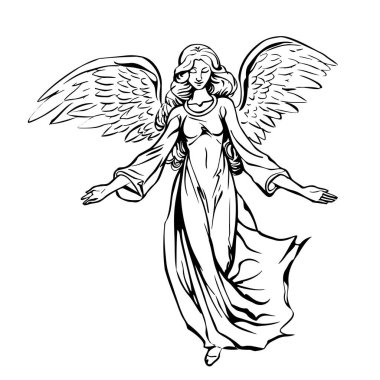 Kanatlı melek kız, çizim stili çizimle çizilmiş.