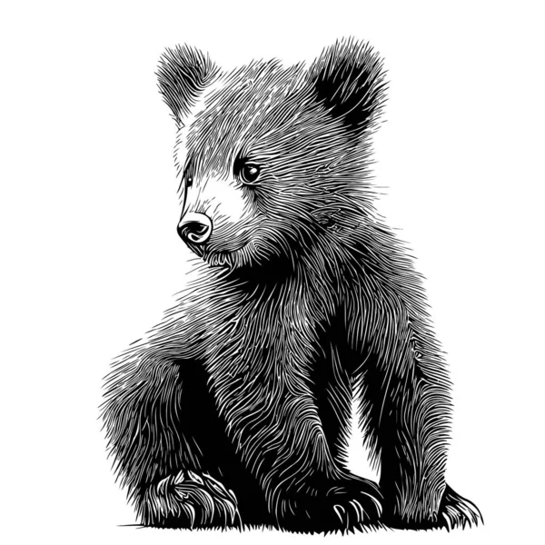Cute Animal Urso Filhote Sentado Mão Desenhada Esboço Doodle Estilo — Vetor de Stock