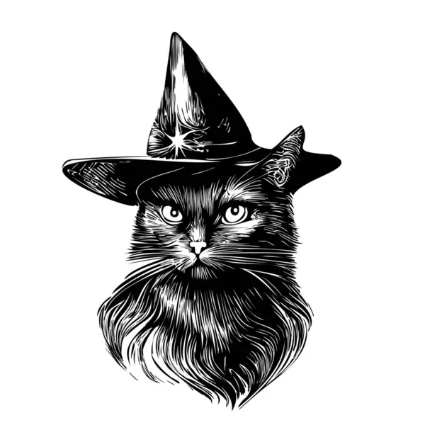 Μαύρη Γάτα Στο Χέρι Καπέλο Ζωγραφισμένο Σκίτσο Doodle Απόκριες Στυλ — Διανυσματικό Αρχείο