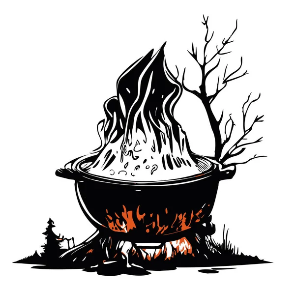 森林里的女巫大锅在红色的火堆上手绘着万圣节的草图 — 图库矢量图片