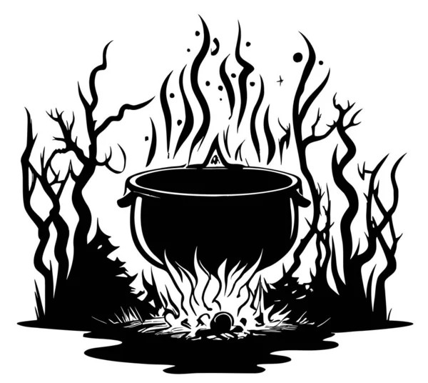 Boszorkány Üst Tűz Erdőben Kézzel Rajzolt Vázlat Halloween Illusztráció — Stock Vector