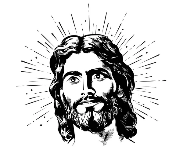 耶稣面带微笑的抽象素描手绘在涂鸦风格的插图中 — 图库矢量图片