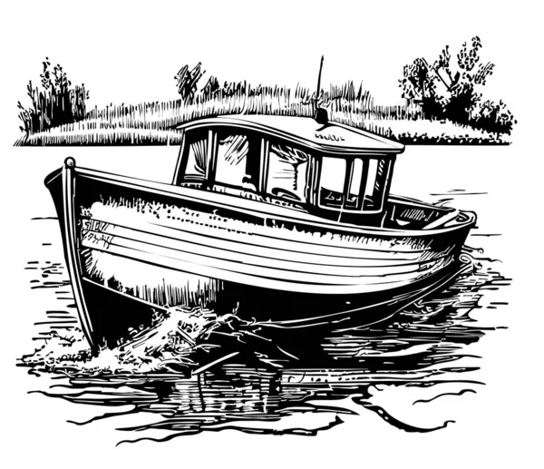 Barco Ondas Esboço Desenhado Mão Ilustração Esportes Aquáticos —  Vetores de Stock