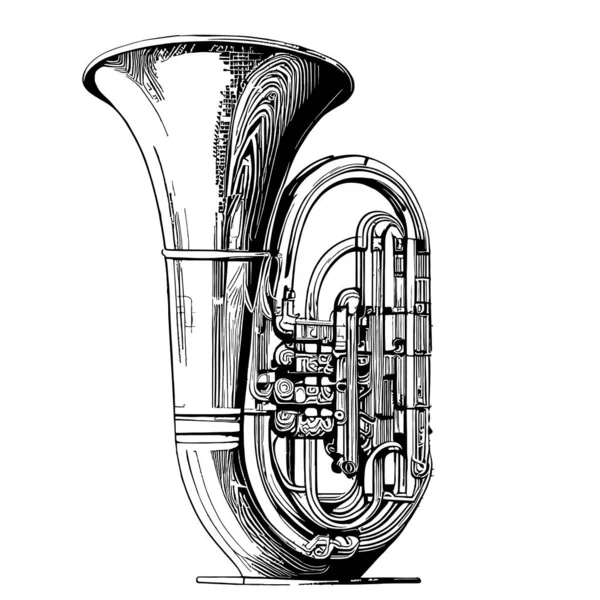 Tuba Rétro Instrument Musique Dessin Main Illustration Croquis — Image vectorielle