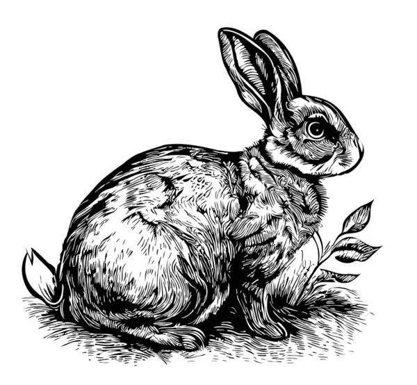 Conejo Sentado Bosquejo Hierba Dibujado Estilo Garabato Vector Ilustración Animal — Vector de stock