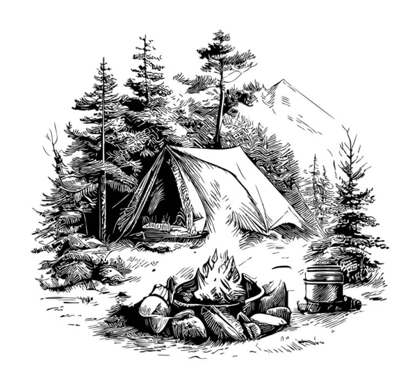 落書きスタイルのイラストで描かれた森のスケッチのテントキャンプ — ストックベクタ