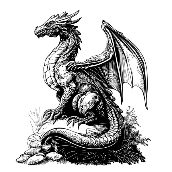 Esbozo Místico Dragón Dibujado Estilo Doodle Ilustración — Vector de stock