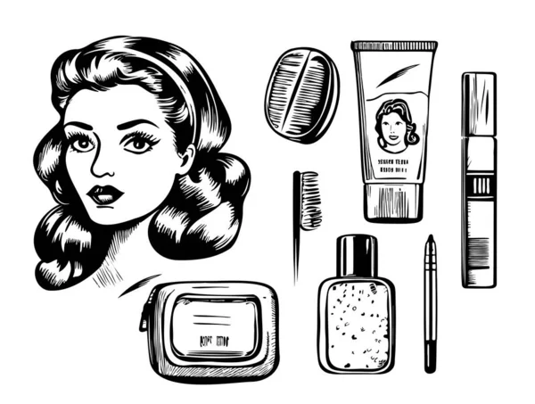 Kozmetikai Készlet Retro Skicc Kézzel Rajzolt Firka Stílusú Illusztráció — Stock Vector