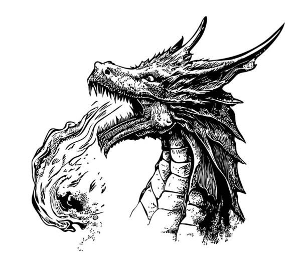 Dragon Mistyczne Zionący Ogień Szkic Rysowany Stylu Doodle Ilustracji — Wektor stockowy