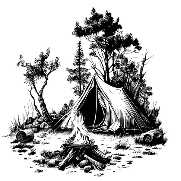 Namiot Lesie Przy Ognisku Szkic Narysowany Stylu Doodle Ilustracja Camping — Wektor stockowy