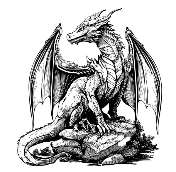 Дракон Містичний Крилами Ескіз Намальований Каракулі Стилі Ілюстрації — стоковий вектор
