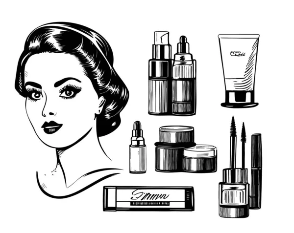 Kozmetikumok Készlet Vintage Vázlat Kéz Rajzolt Firka Stílusú Illusztráció — Stock Vector