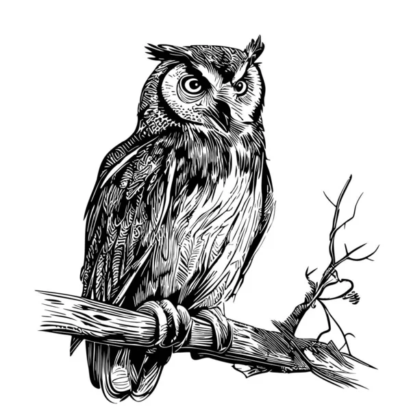 Oiseau Hibou Sur Croquis Branche Dessiné Main Dans Une Illustration — Image vectorielle