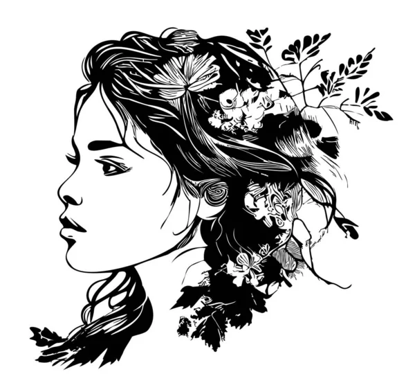 Gyönyörű Lány Virágokkal Haját Vázlat Kézzel Rajzolt Vázlat Vector Illusztráció — Stock Vector