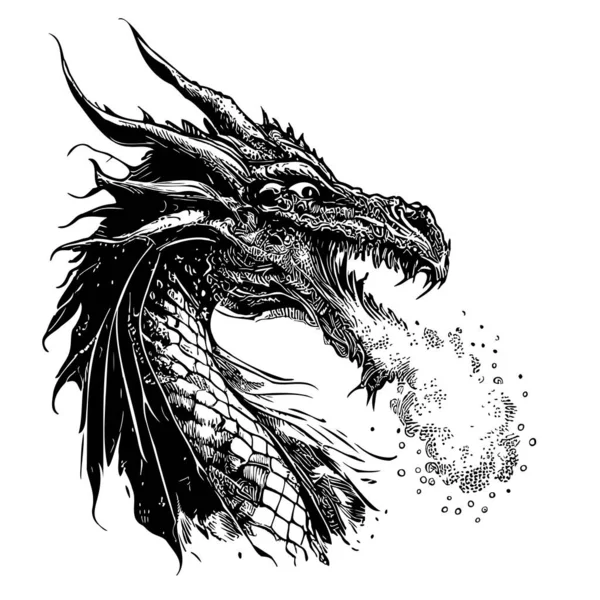 Dragón Respirando Fuego Boceto Místico Dibujado Estilo Garabato Ilustración — Vector de stock
