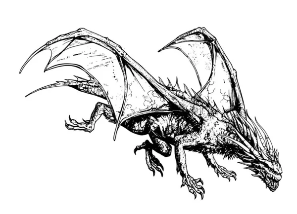 落書きスタイルのイラストに描かれた神秘的なスケッチを攻撃するドラゴン — ストックベクタ