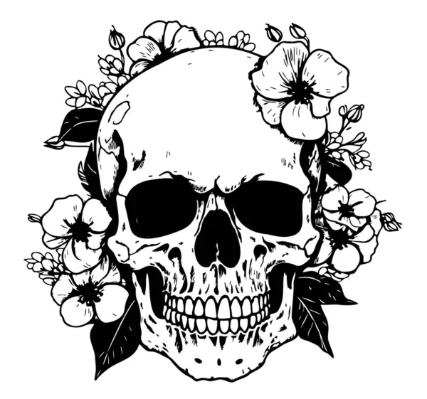 骷髅和花朵草图手绘涂鸦式插图 — 图库矢量图片