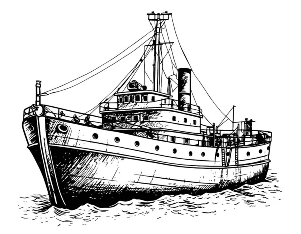 Retro Gemi Çizimi Çizimi Denizcilik Temalı Taşıyıcı — Stok Vektör