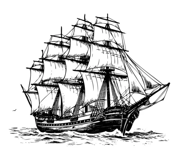 Retro Pirátská Loď Skica Ručně Kreslené Námořní Téma Vektor — Stockový vektor
