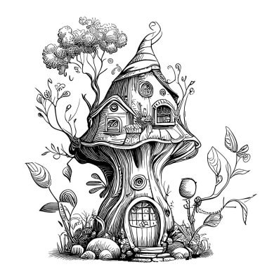 Mythical fairy tale house in the forest hand drawn sketch illustration clipart