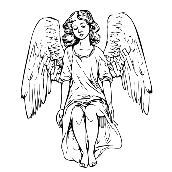 Angel Girl Wings Sitting Sketch Hand Drawn Doodle Style Illustration — Stock Vector