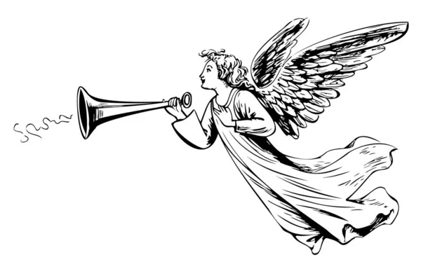 Anděl Křídly Foukání Náčrtek Ručně Kreslené Doodle Stylu — Stockový vektor