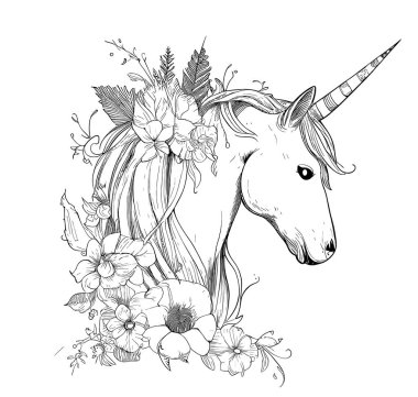 Unicorn head sketch hand drawn Fairy tale character illustration clipart