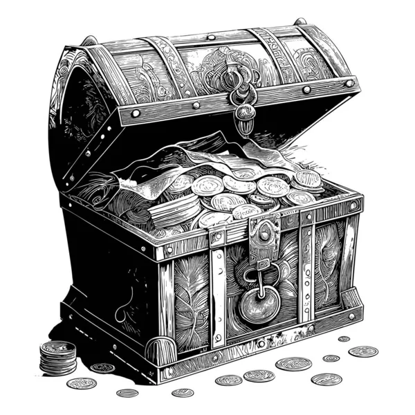 お金とコインのチェスト 手描きのスケッチイラスト — ストックベクタ