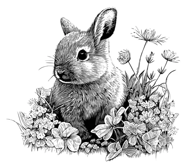 Маленький Кролик Цветах Ручной Работы Набросок Животных Векторная Иллюстрация — стоковый вектор