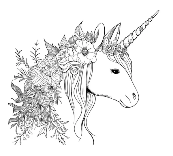 Unicorn Face Sketch Hand Drawn Fairy Tale Character Vector — Stock Vector