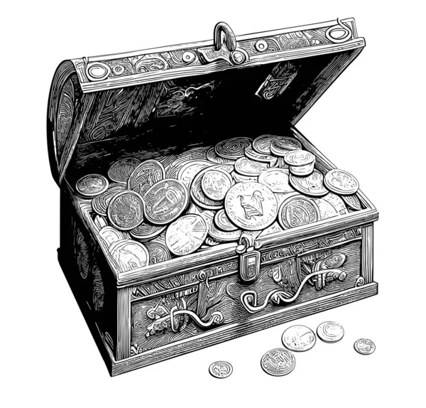 Chest Money Coins Treasure Hand Drawn Sketch — Stock Vector