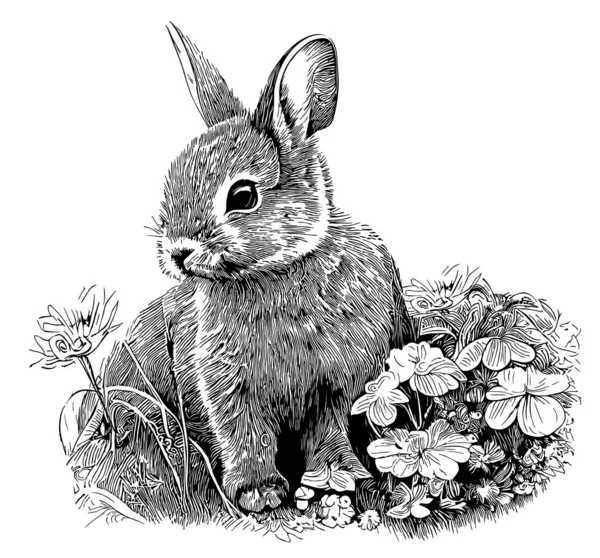 Маленький Кролик Цветах Ручной Работы Набросок Животных Векторная Иллюстрация — стоковый вектор
