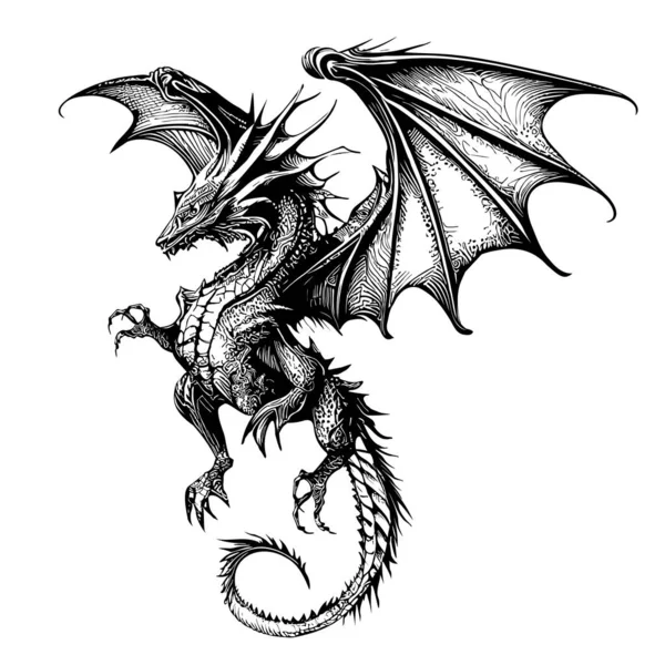Dragon Volando Atacando Bosquejo Místico Dibujado Estilo Doodle Ilustración — Vector de stock