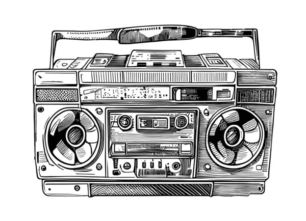 カセットテープレコーダーレトロスケッチ手描きミュージックイラスト — ストックベクタ