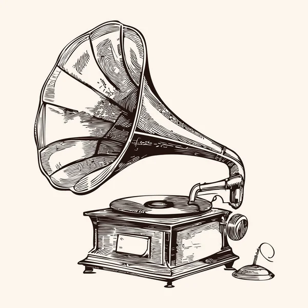 Boceto Gramófono Musical Retro Dibujado Mano Estilo Cómico Vector — Archivo Imágenes Vectoriales