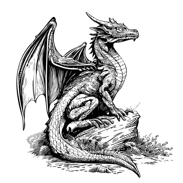Dragon Mystique Assis Sur Croquis Pierre Dessiné Dans Illustration Style — Image vectorielle