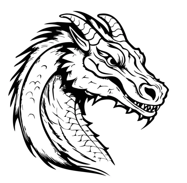 Logo Sketsa Wajah Mistis Naga Yang Digambar Dengan Ilustrasi Corat - Stok Vektor