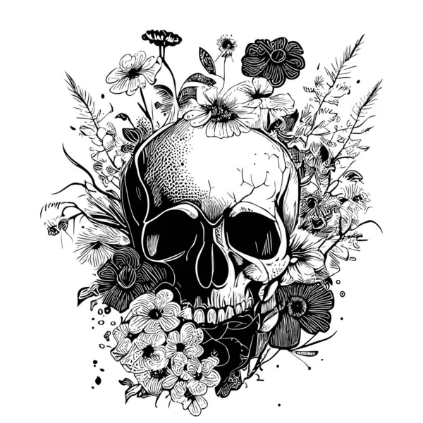 Calavera Floral Día Mano Boceto Muerto Dibujado Estilo Garabato Ilustración — Vector de stock