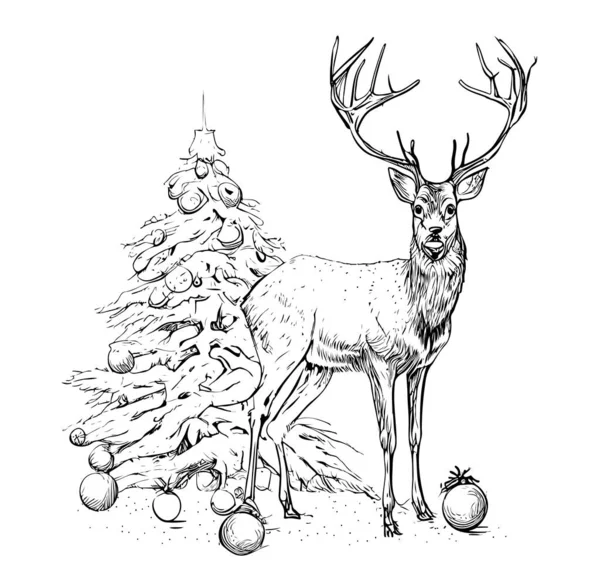 かわいいクリスマスディアとツリースケッチ手描きイラスト — ストックベクタ