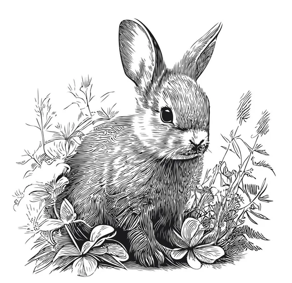 Rabbit Cub Sitting Grass Sketch Drawn Doodle Style Illustration — Stock Vector