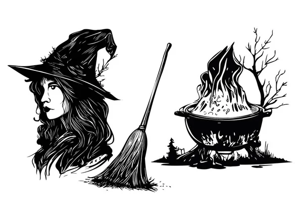 Witch Broom Vat Potion Halloween Set Sketch Hand Drawn — Stock Vector