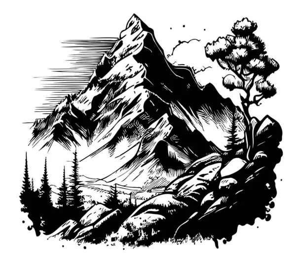 Montagne Foresta Natura Disegnato Mano Schizzo Illustrazione — Vettoriale Stock