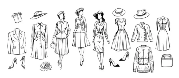 Samling Retro Kläder För Kvinnor Skiss Mode — Stock vektor