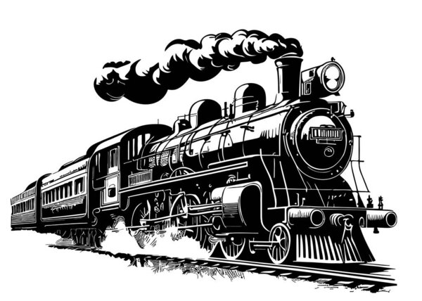Vintage steam train hand drawn sketch Passenger trans illustration...